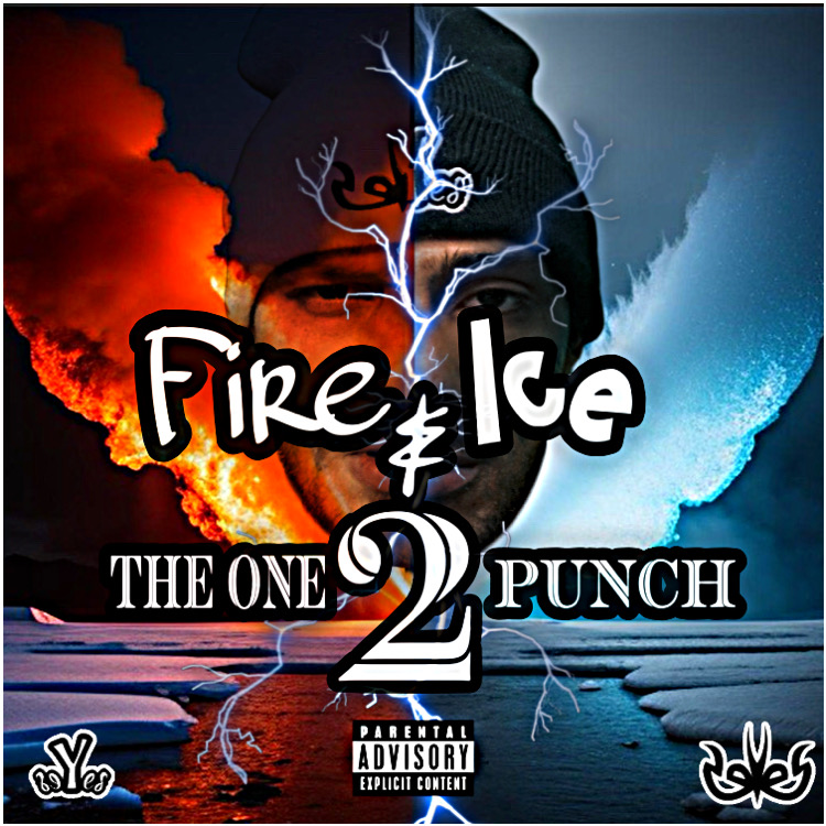 A face with fire on one side and ice on the other, with lightning and text about fire and ice, and a large number 2.