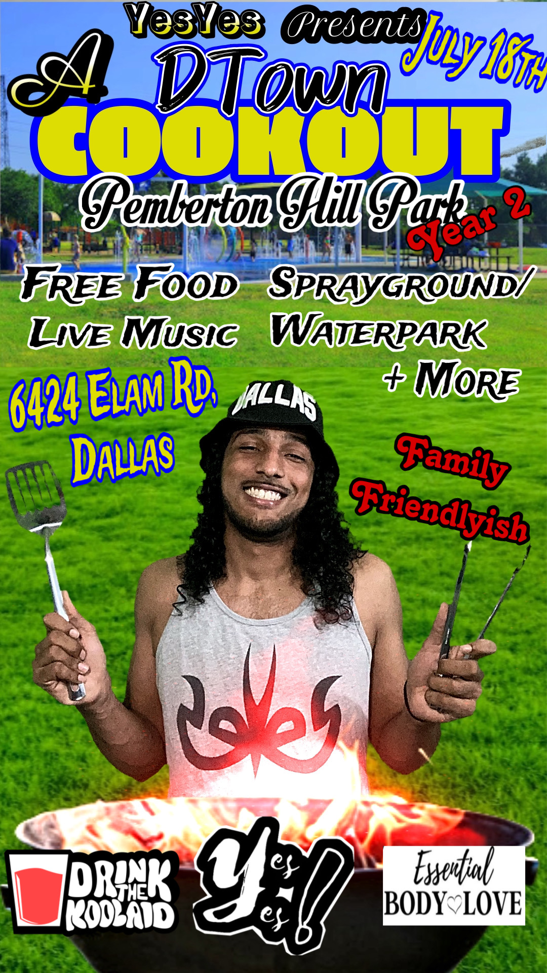 Smiling man with long hair and a tank top holding a spatula and fork in a park, promoting a community event.