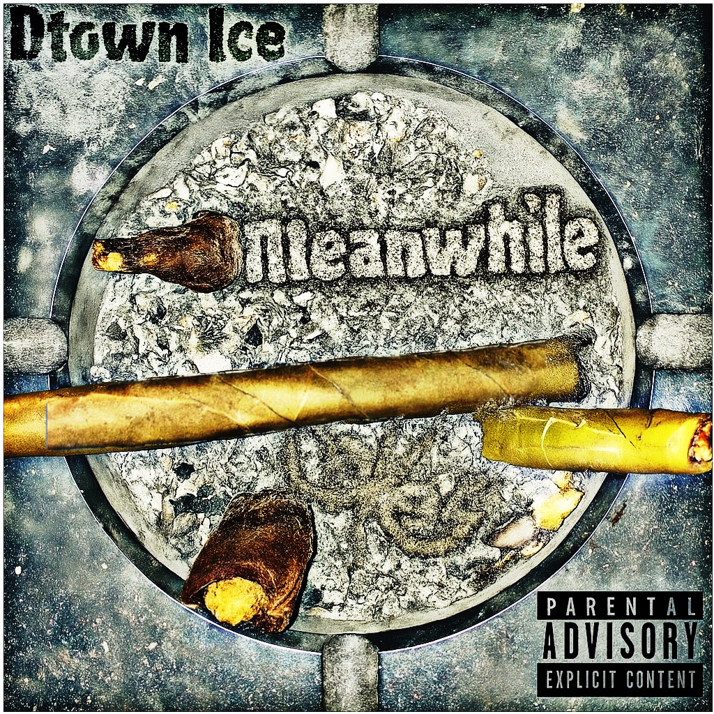 Close-up of a manhole cover with cigarettes and a lighter on it, surrounded by ice and snow, with text and parental advisory label.