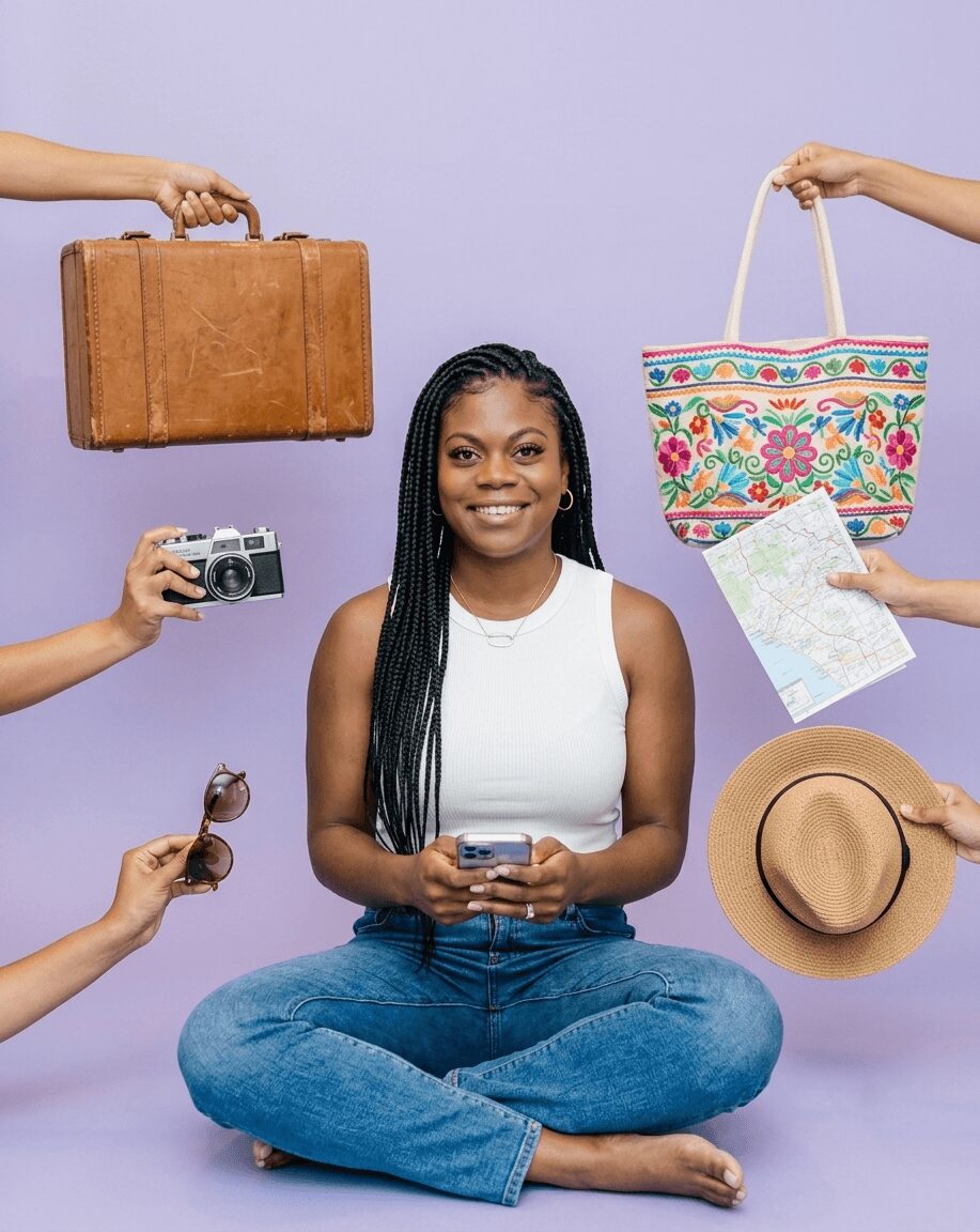 Young woman sitting cross-legged with a phone, surrounded by hands holding a suitcase, camera, bag, hat, and map against a purple background.