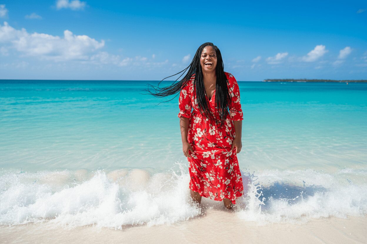 Woman in red floral dress standing in ocean waves on a beach, smiling, with blue sky and clouds in background.