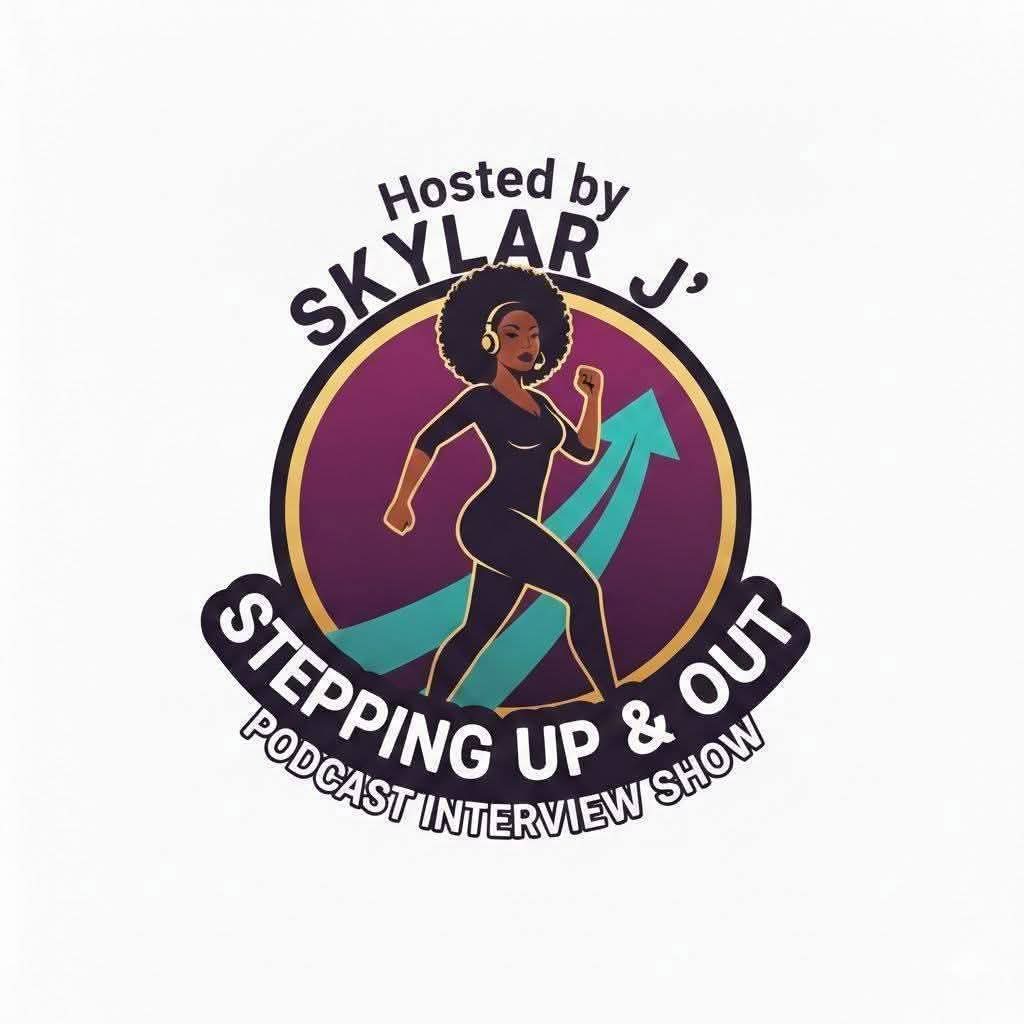 Logo featuring a woman with curly hair, standing with a raised fist, with a purple and teal arrow background, and text about a podcast.