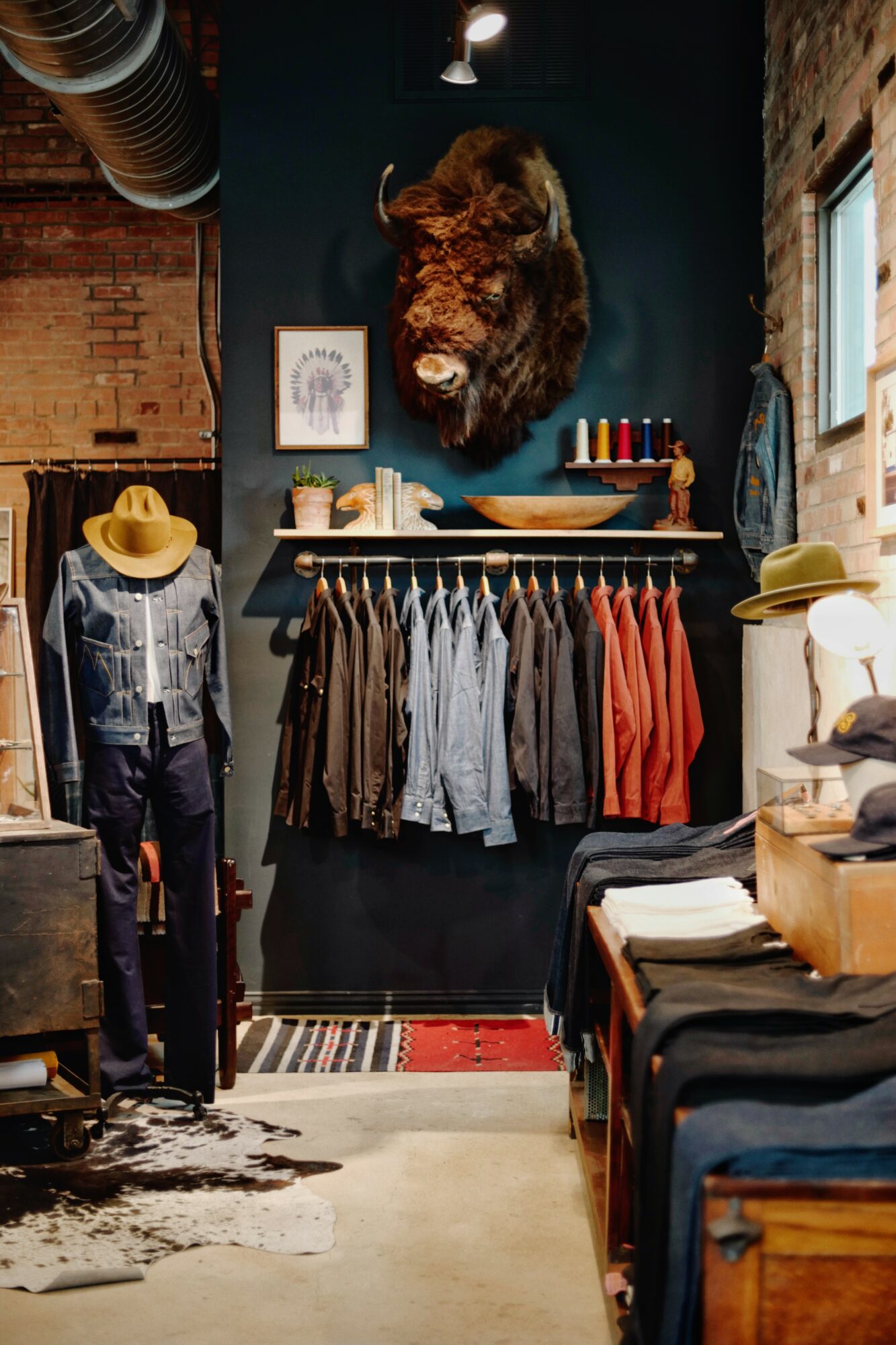 Clothing store interior with hanging shirts, hats, and a mounted animal head on a dark wall, brick walls, and natural light.