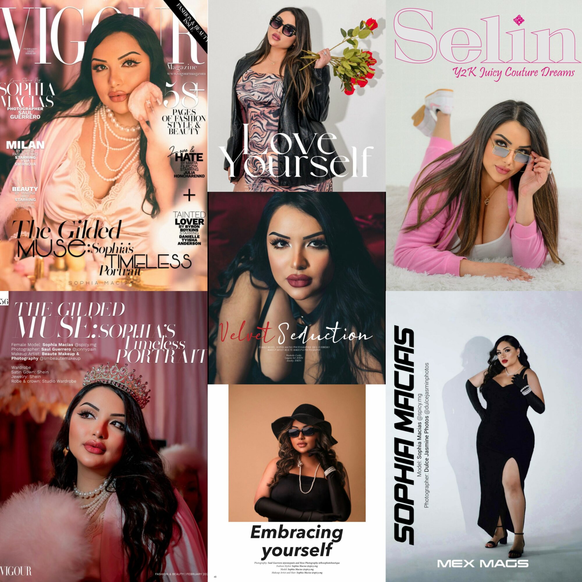Six women in various outfits, some posing, some with accessories, in magazine covers and photoshoots.
