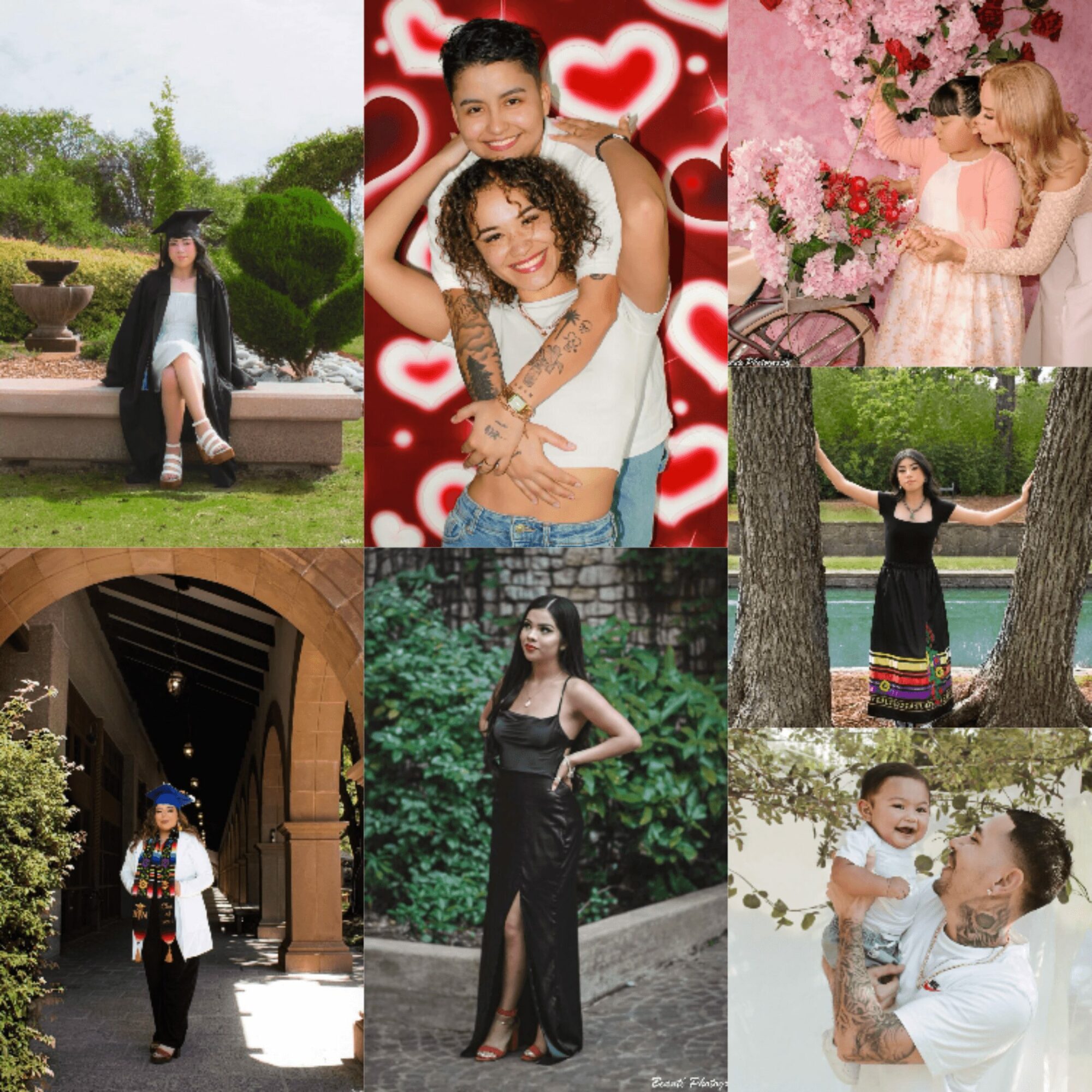Six images of people in various settings, including outdoor, indoor, and celebratory scenes, with diverse poses and outfits.