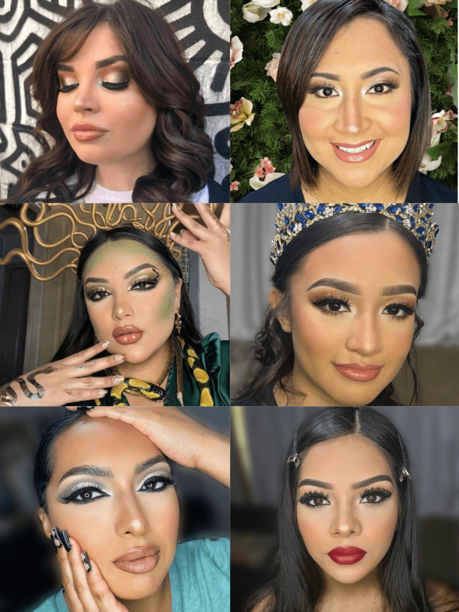 Six women with different hairstyles and makeup, some smiling, some with closed eyes, in various backgrounds.