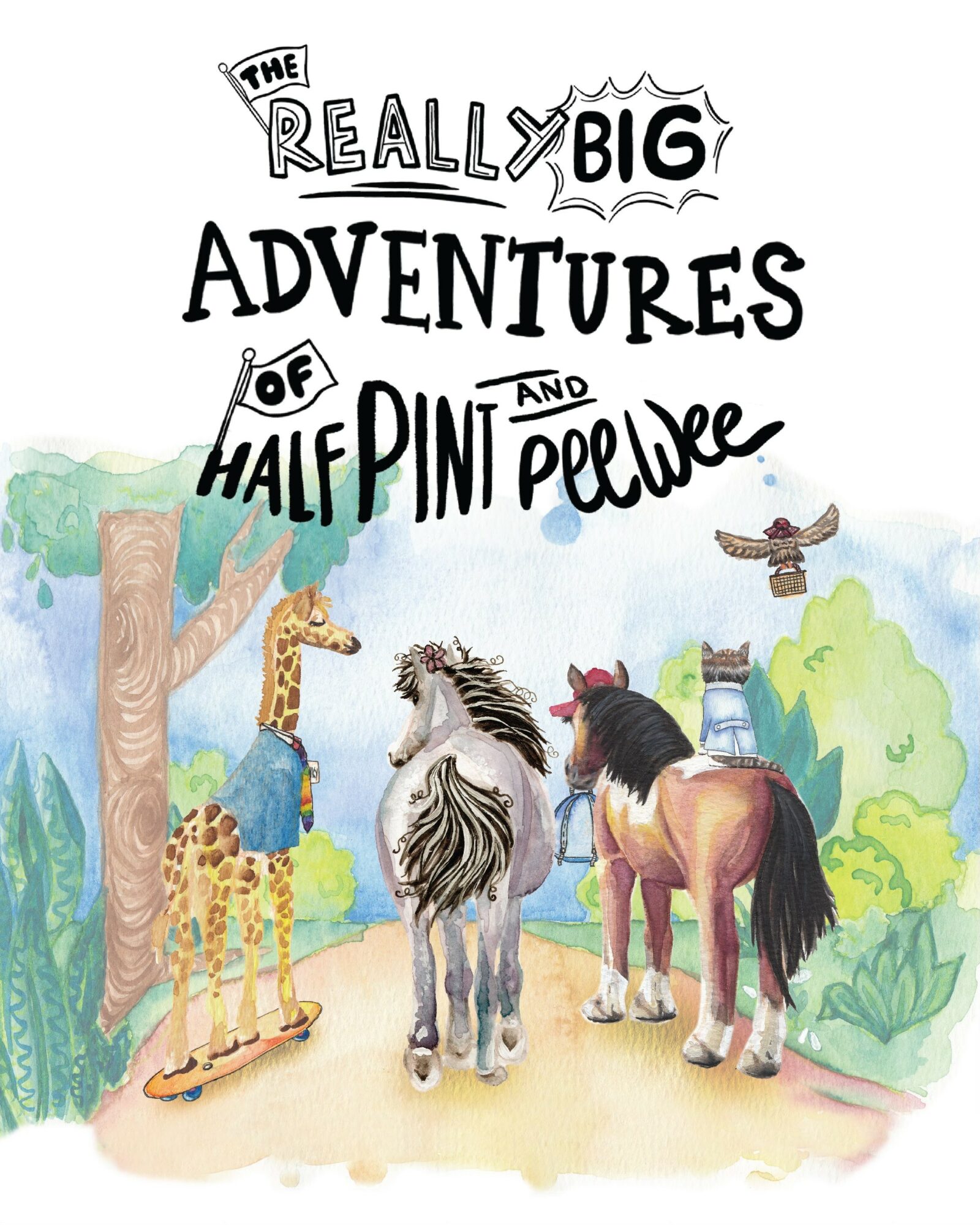 Colorful illustration of three horses, a giraffe, and a bird in a forest setting with trees and bushes, with playful text above.