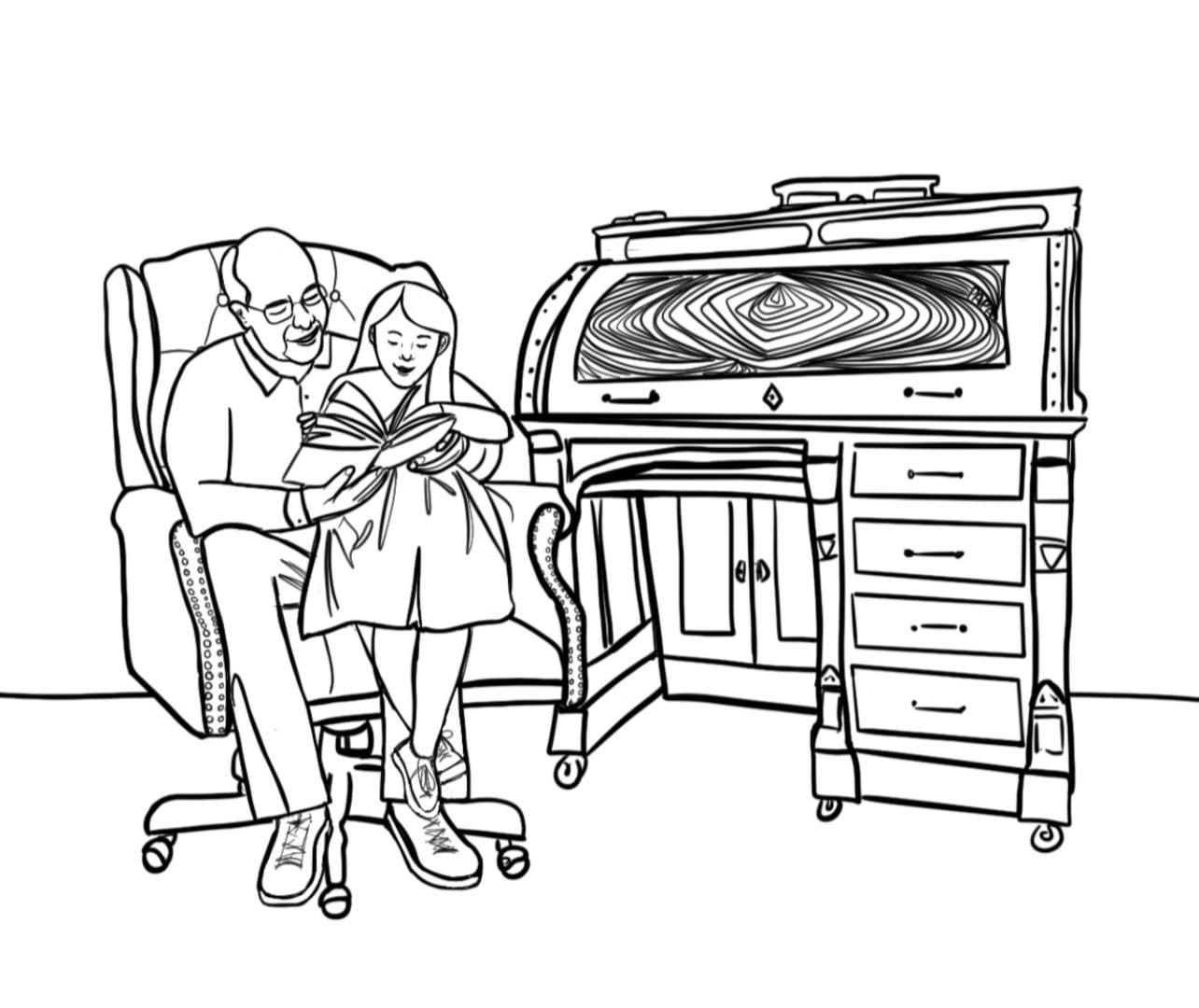 Line drawing of an elderly man and a young girl sitting on a chair, reading a book together, with a desk nearby.