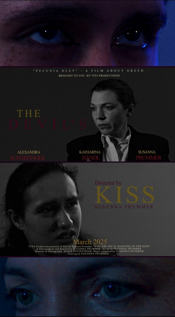 Close-up of a person's eyes at the top and bottom, with a black-and-white movie poster in the middle showing three women, including one in a suit, with text about a film titled 'Kiss' scheduled for March 2023.
