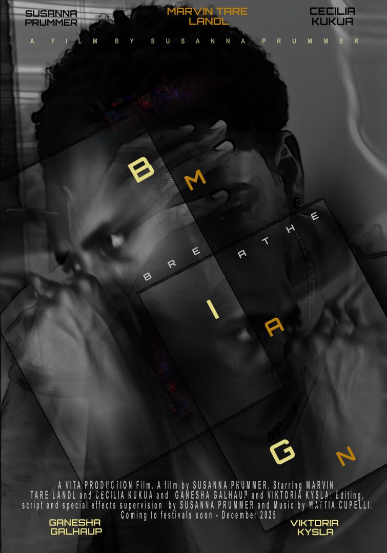 Black and white portrait of a person with glasses, with yellow and white text overlay, including names and title.