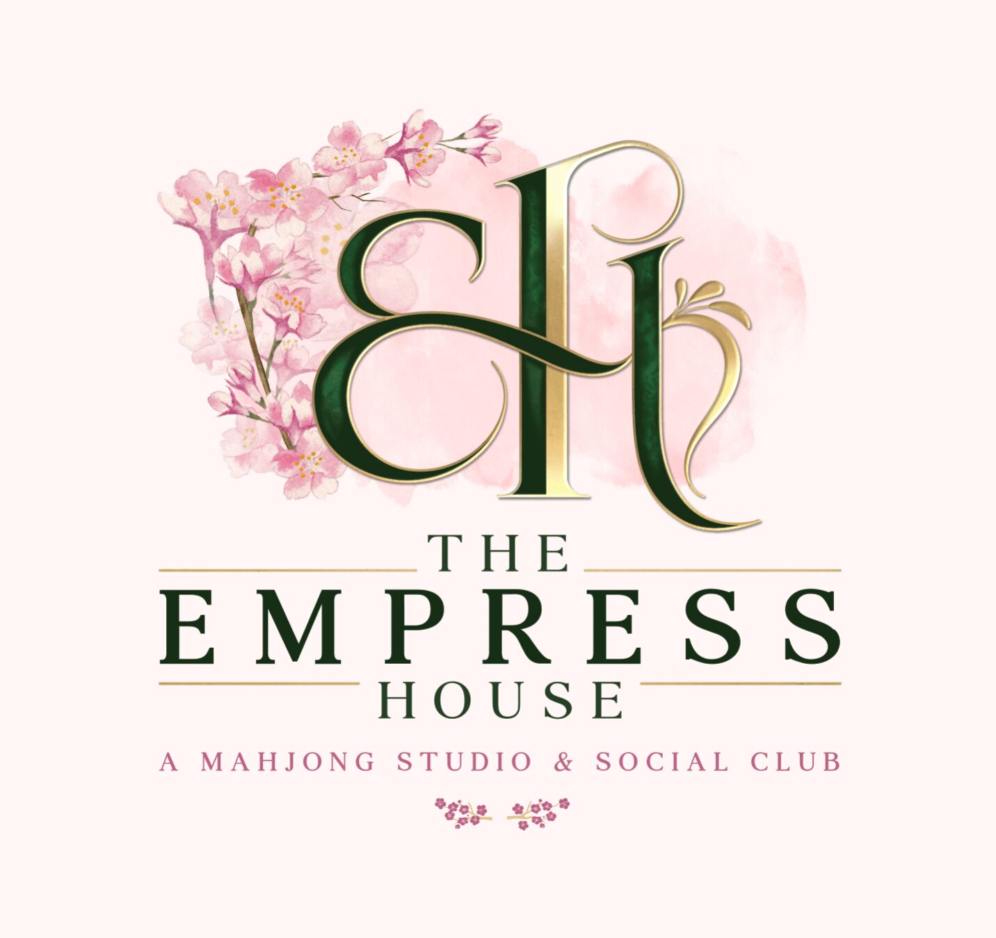 Logo with pink flowers and stylized green letters, reading 'The Empress House,' a mahjong studio and social club.