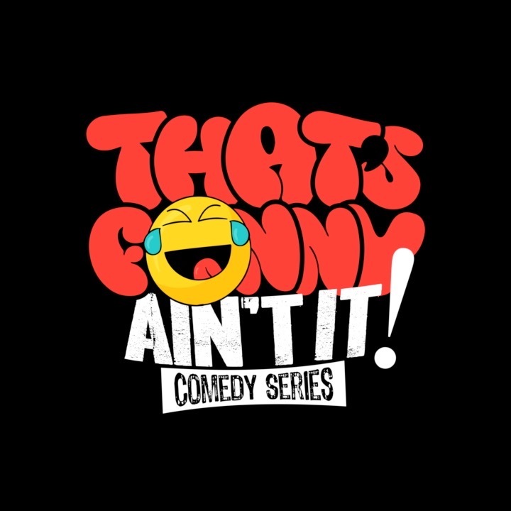 Text logo with a laughing emoji, promoting a comedy series titled 'That's Crazy Ain't It!'.