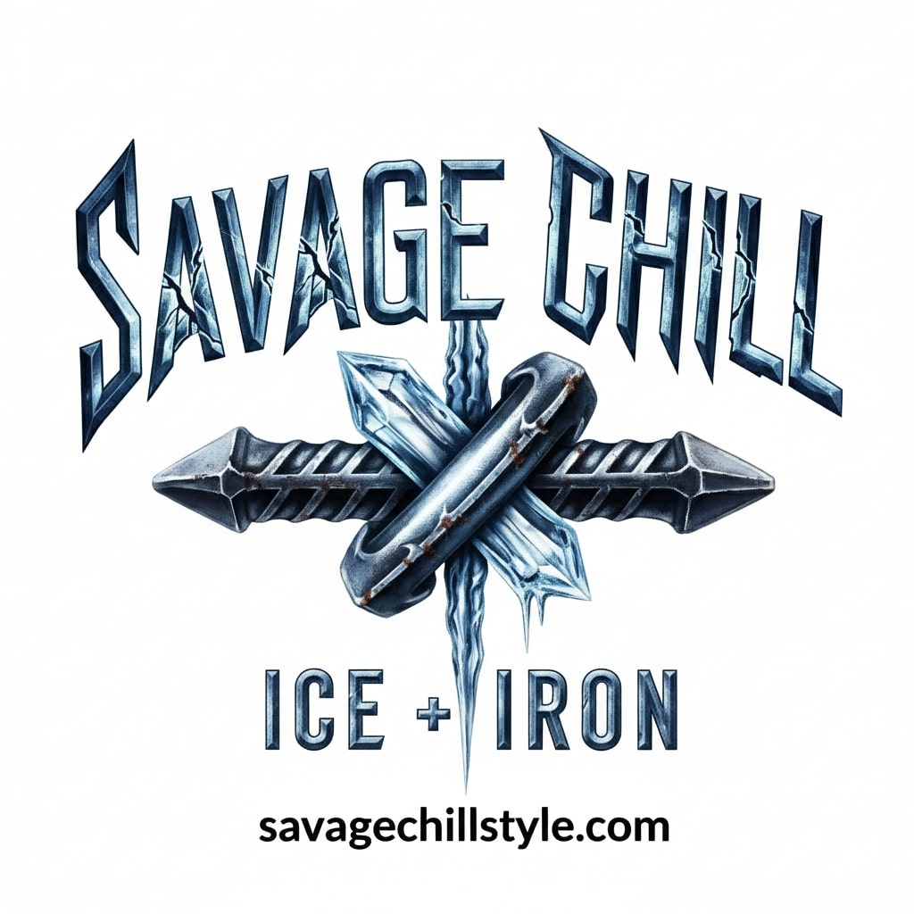Logo with text 'Savage Chill' and 'Ice + Iron' with a metallic emblem, website savagechillstyle.com