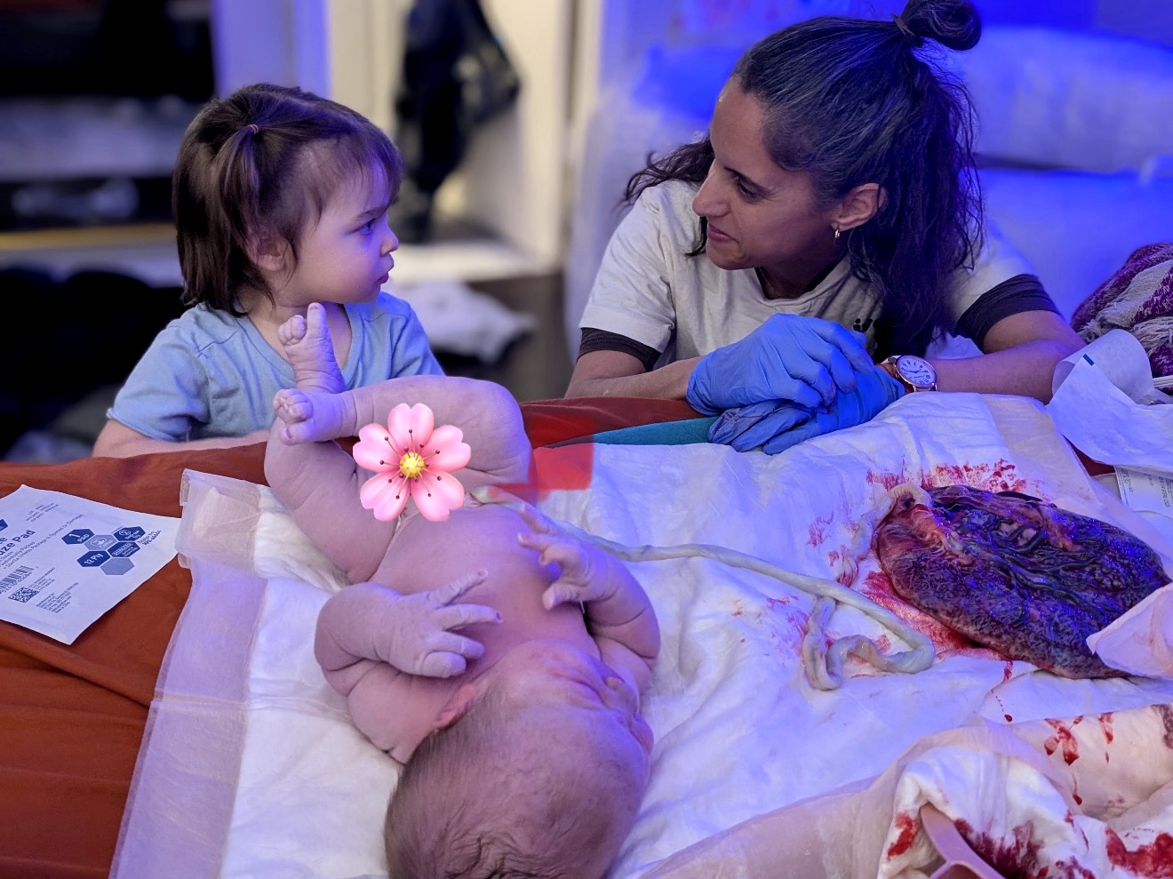 A woman and a young girl look at a piglet on a table, with a large animal carcass nearby, in a veterinary setting.