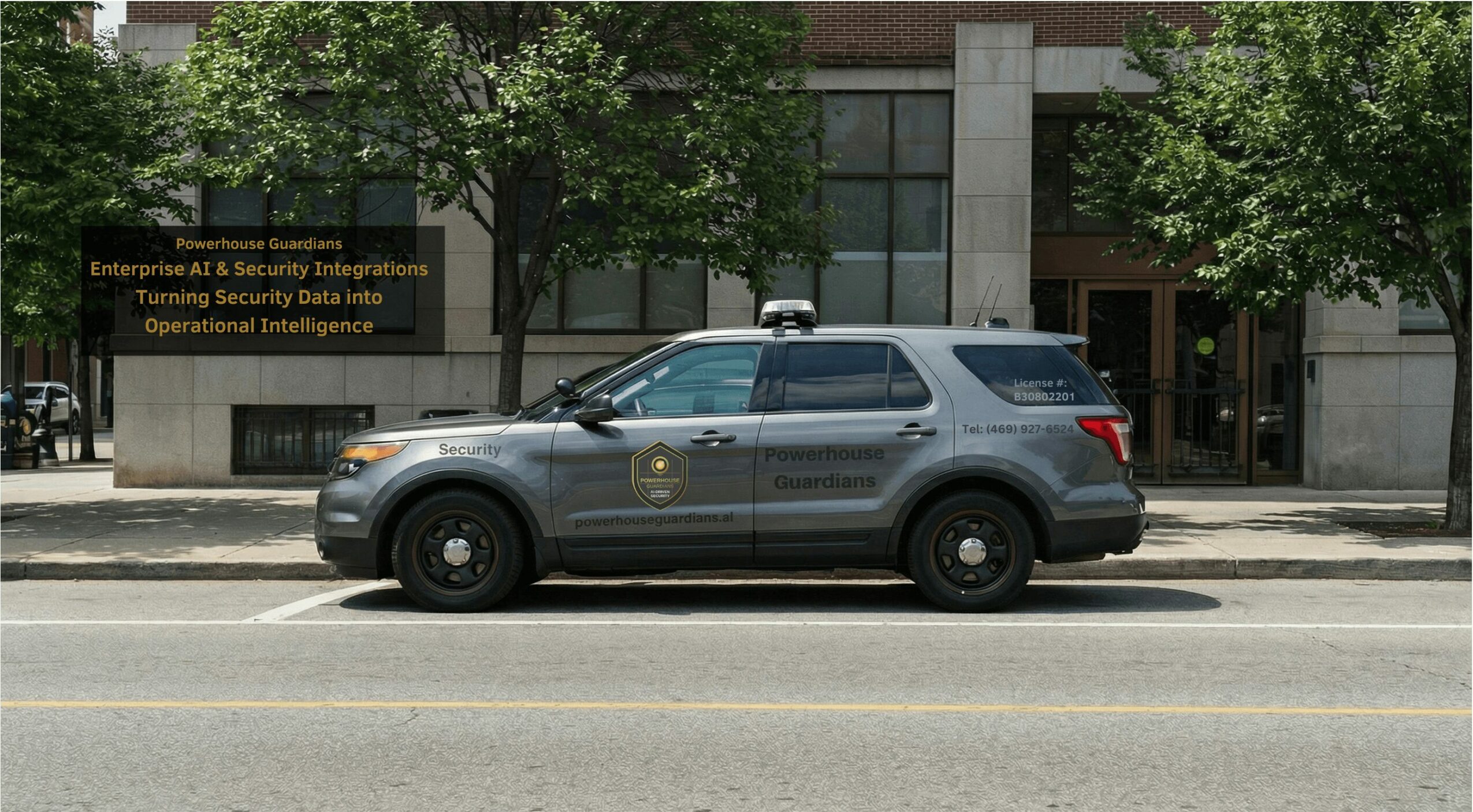 Police SUV parked on street in front of a building with trees, with a sign about security and intelligence.