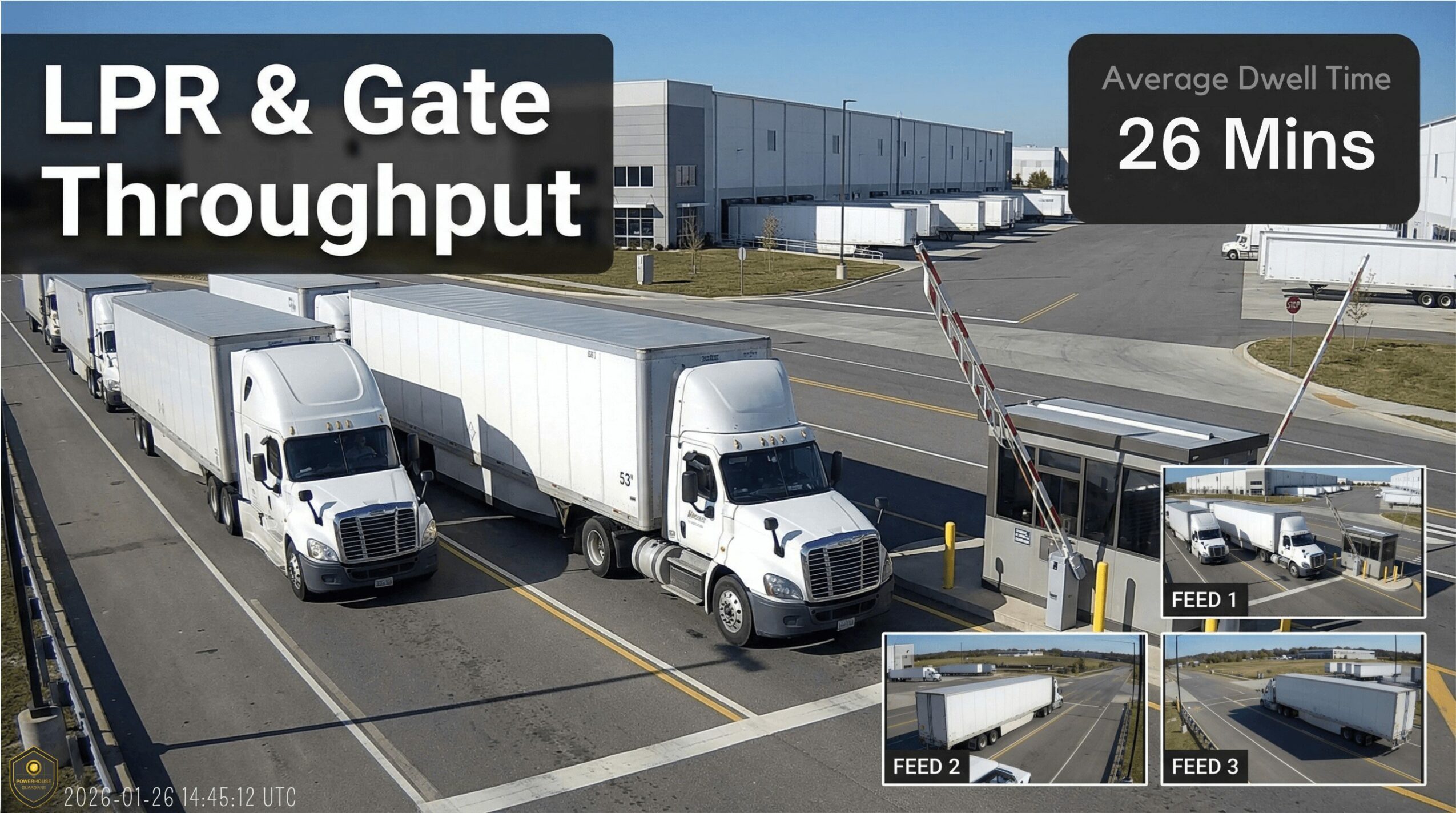 LPR and gate throughput with trucks at a checkpoint, showing barriers and multiple cameras, and a building in the background.