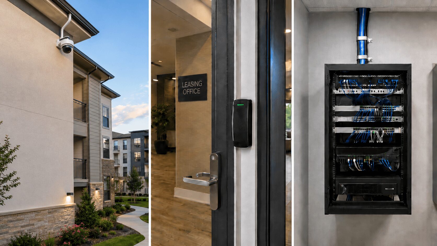 Exterior view of a building with landscaping, a door with a keypad, and an electrical panel on the wall.