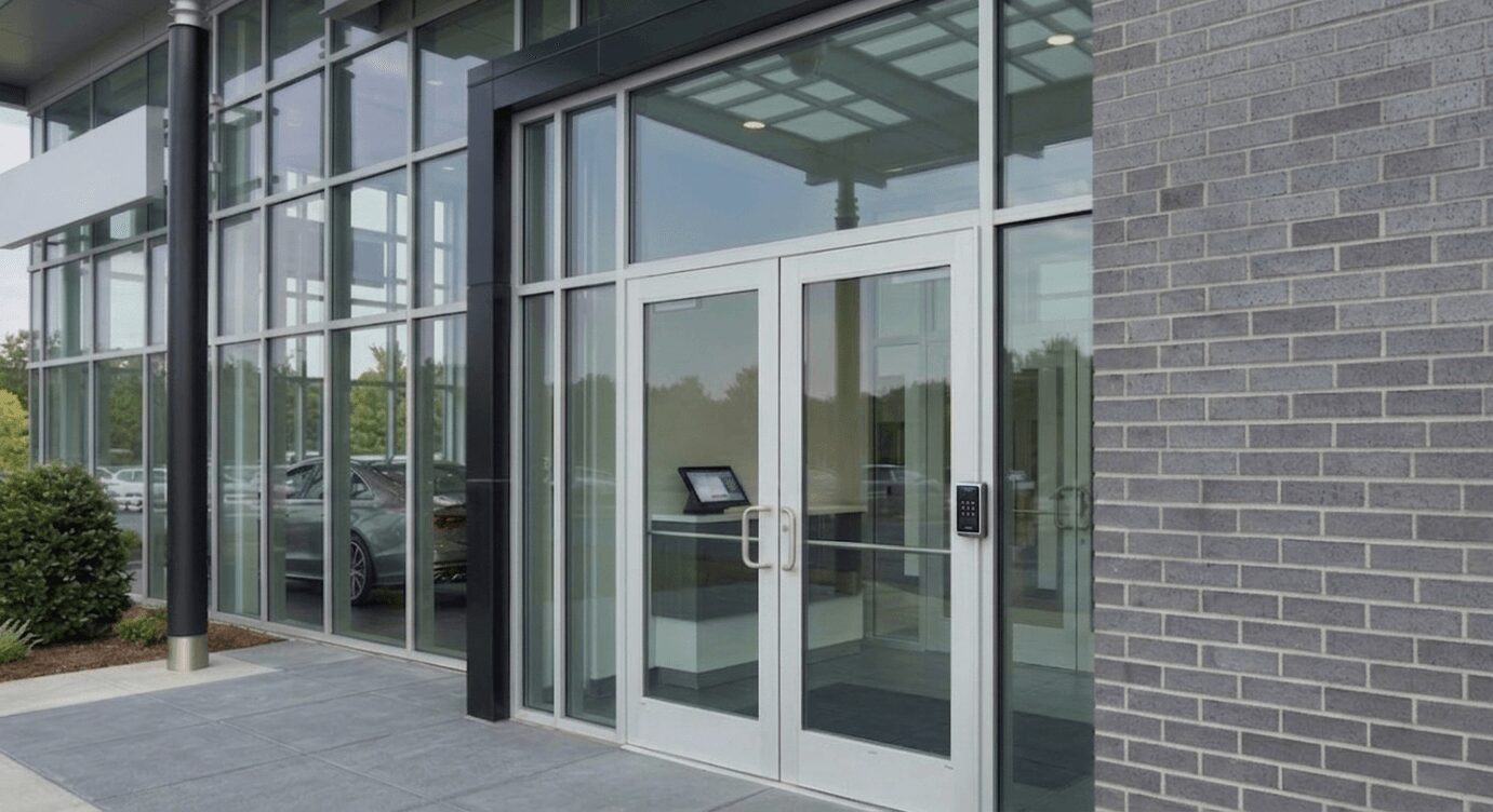 Glass entrance door with metal frame and brick wall, reflecting outdoor scenery, with a handle and electronic access panel.