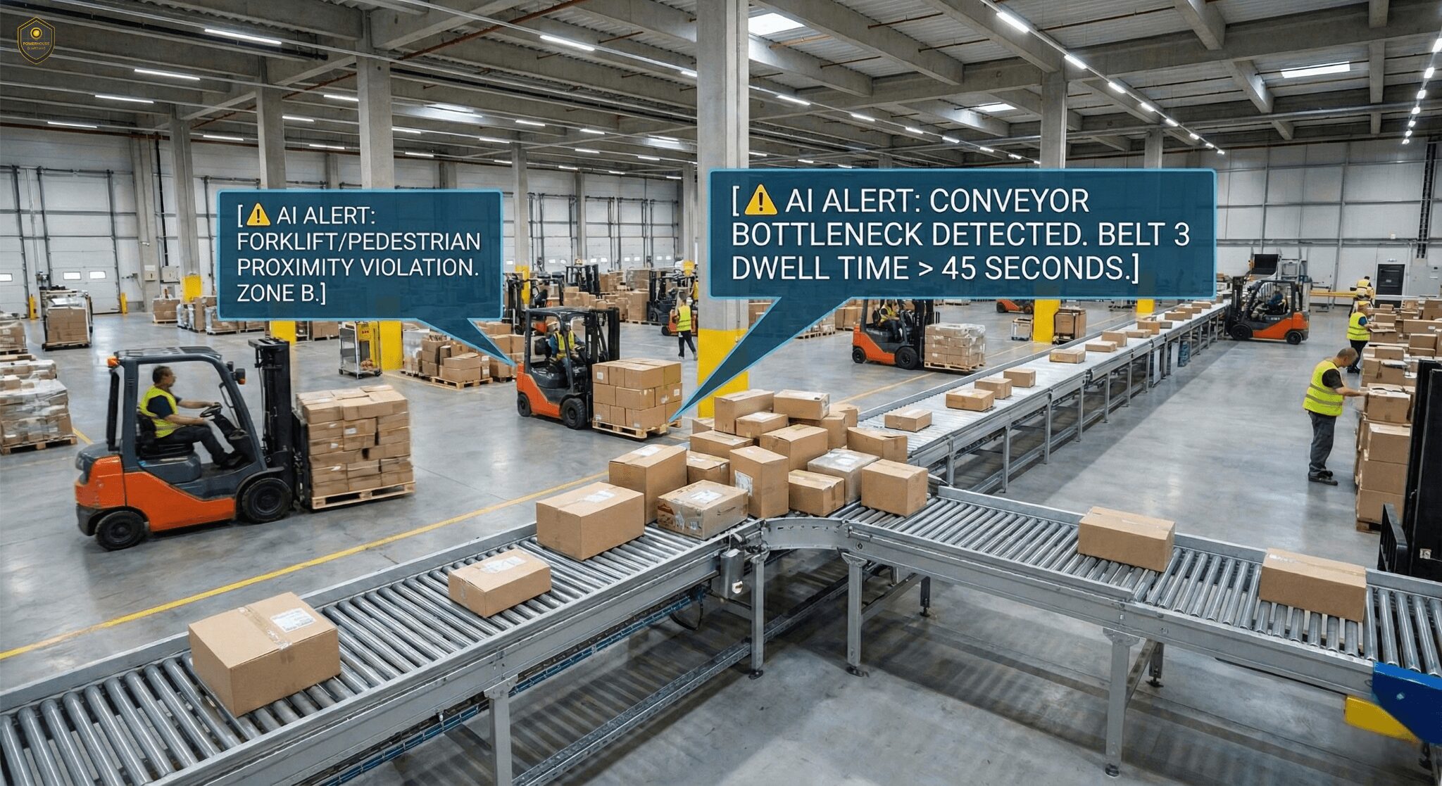 Warehouse with forklifts, conveyor belts, and boxes, with digital alerts about safety and conveyor issues.
