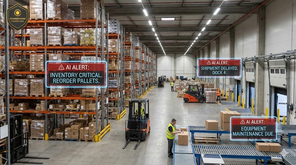 Warehouse interior with shelves, forklifts, and workers, displaying digital alerts about inventory, pallets, equipment, and deliveries.