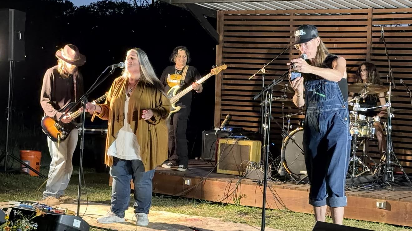 Band performing on stage with four members playing instruments and singing, stage set outdoors at night.
