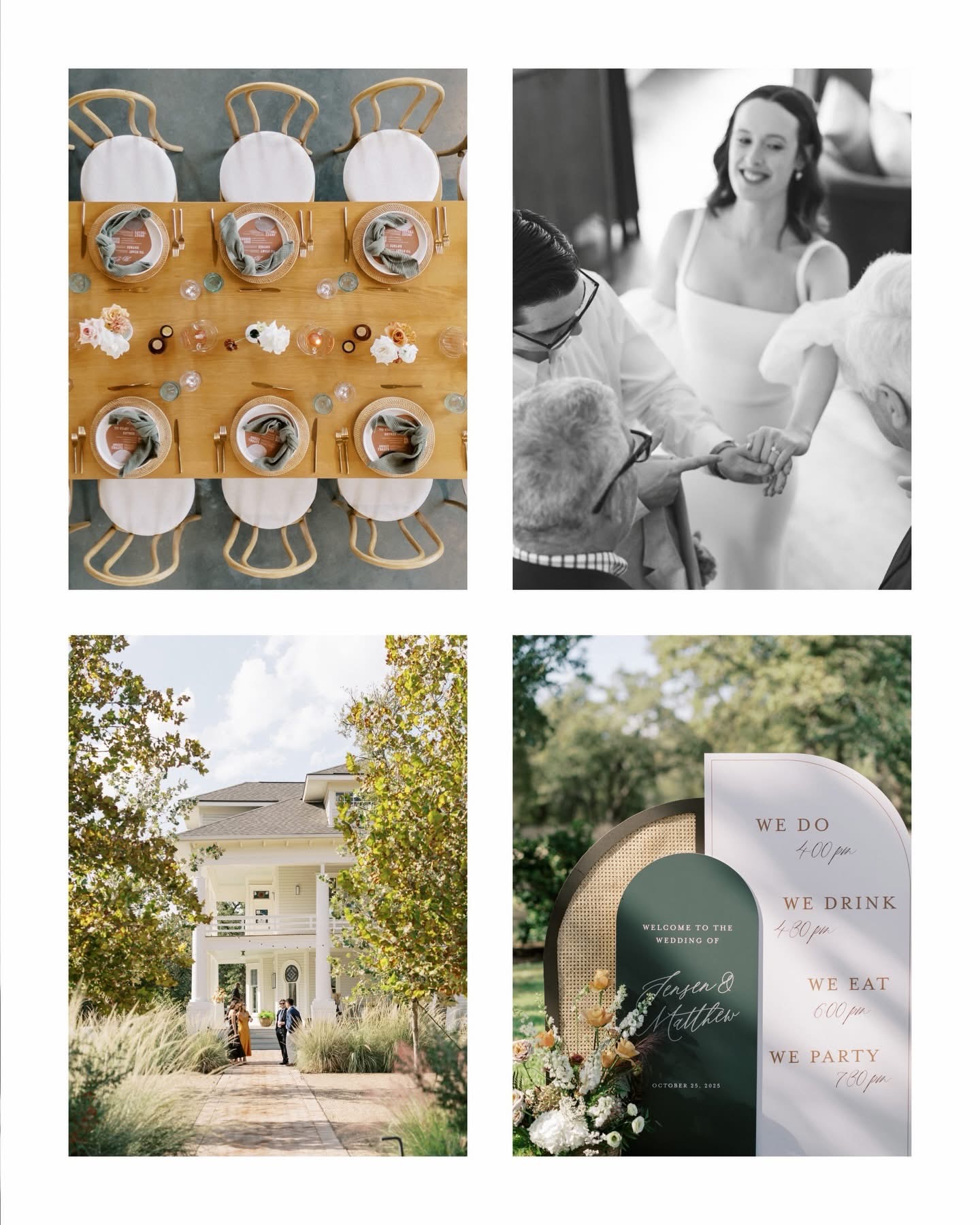 Top left: table with plates, glasses, and decorations; top right: woman smiling, holding hands with another person; bottom left: house with trees; bottom right: sign with text and flowers.
