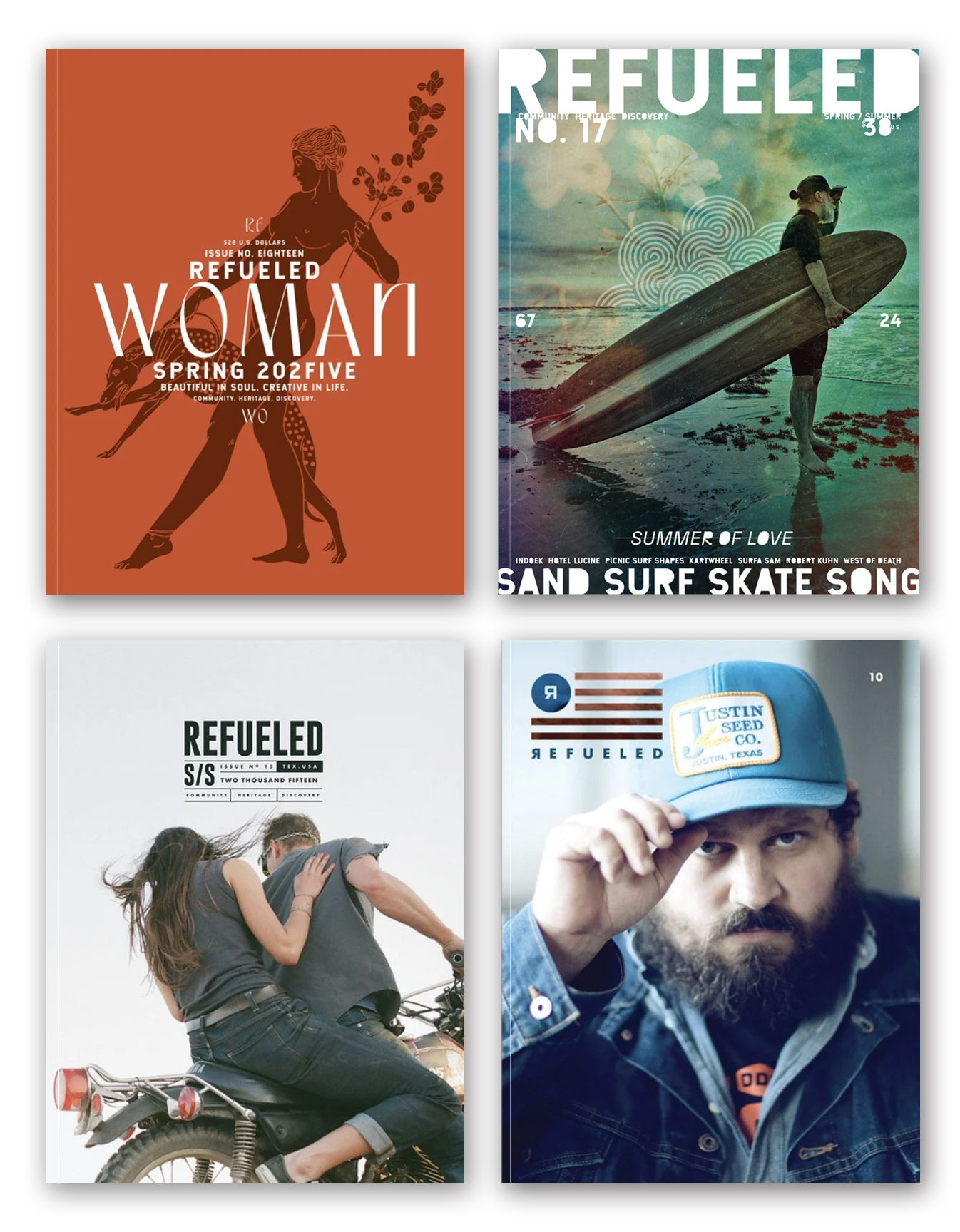 Four magazine covers featuring women, a surfer, a person on a motorcycle, and a man wearing a cap, with text and graphics.