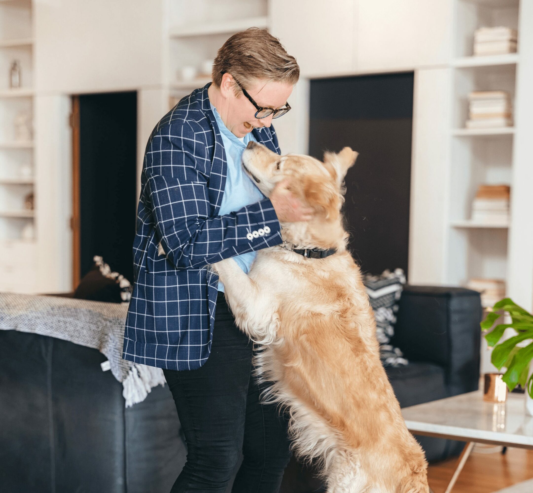 Person with glasses and checkered blazer interacts with a large dog in a living room.