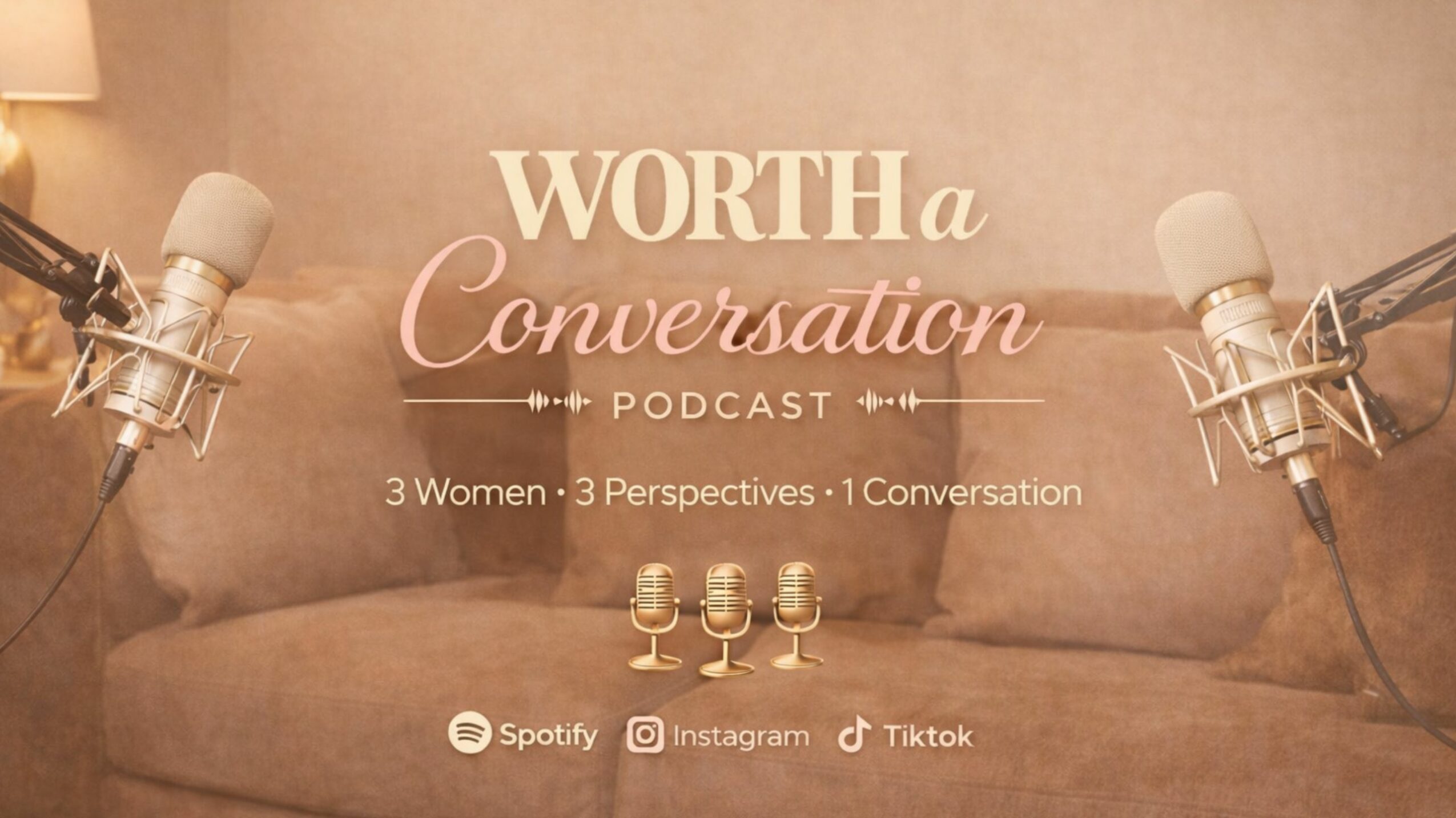 Podcast cover with microphones, title, and social media icons on a beige background.