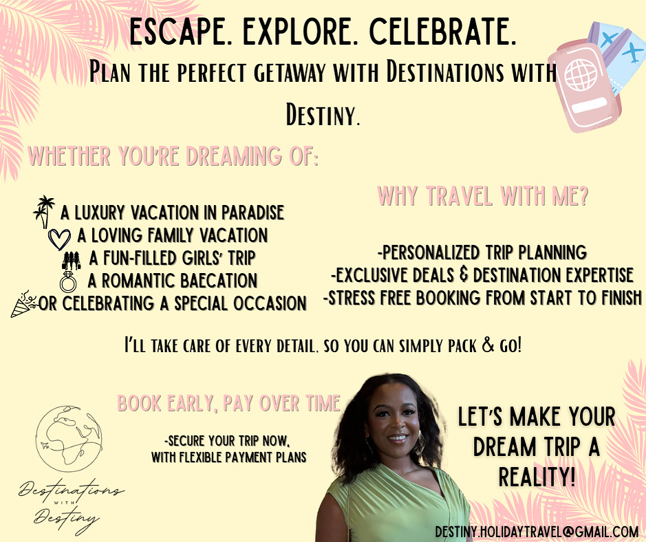 A woman smiling, promotional travel text, and colorful background with travel-related icons.