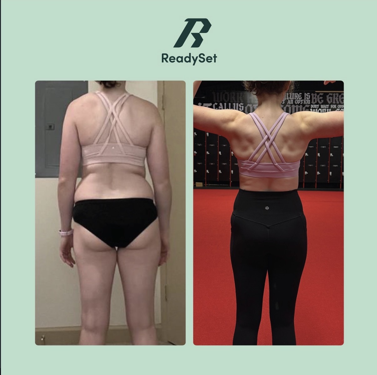 Side-by-side comparison of a woman's back before and after fitness, showing weight loss and muscle tone, in gym attire.