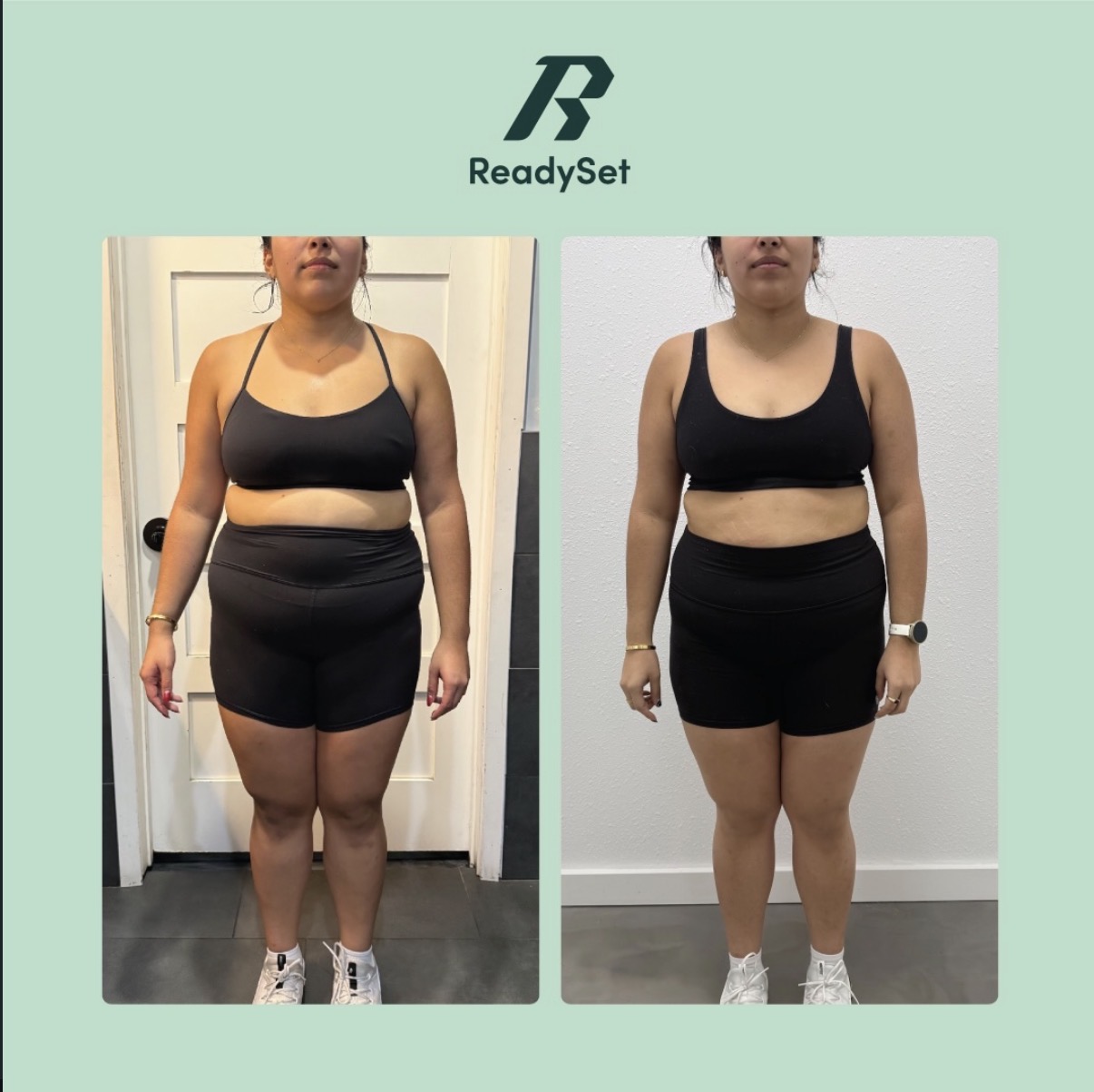 Side-by-side photos of a woman in black workout clothes before and after fitness progress, standing indoors against plain walls.