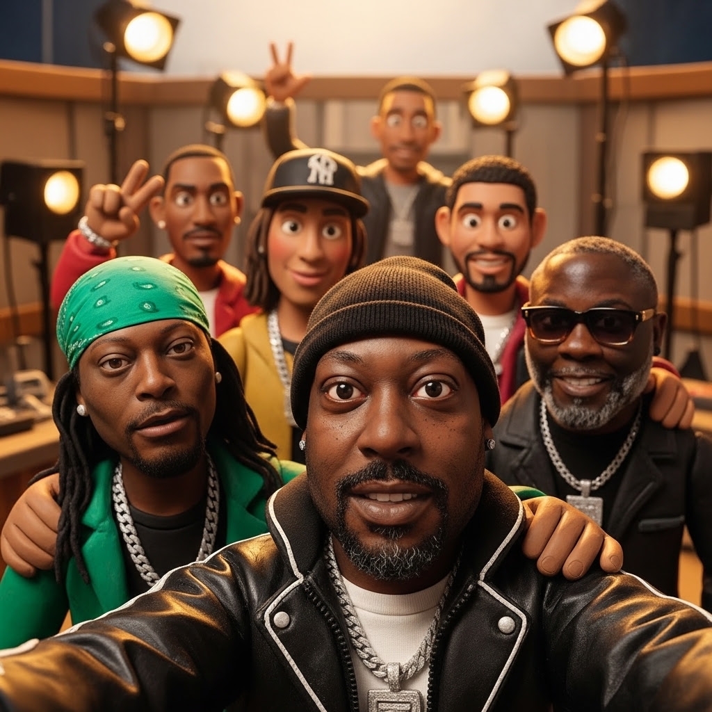 Group of seven diverse people taking a selfie in a studio with bright lights, smiling and making peace signs.