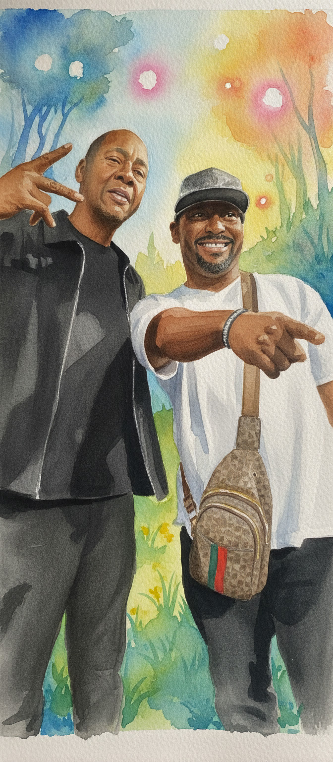 Two men smiling and pointing at the camera in front of a colorful, painted background with trees and flowers.