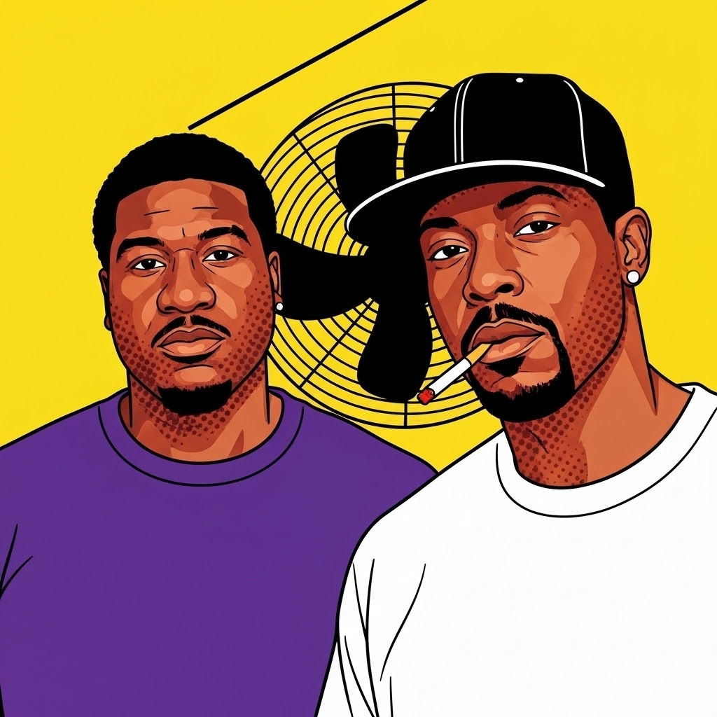 Two men with serious expressions in front of a yellow background with a black fan and wire. One wears a purple shirt, the other a white shirt and cap.