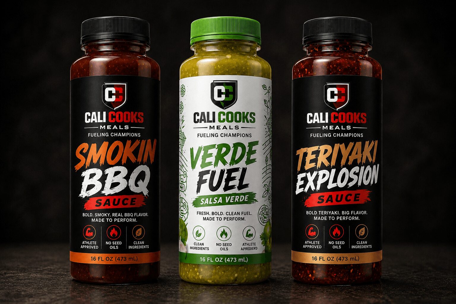 Three bottles of Calico Cooks sauces, BBQ, verde, and teriyaki, on a dark background, front view.