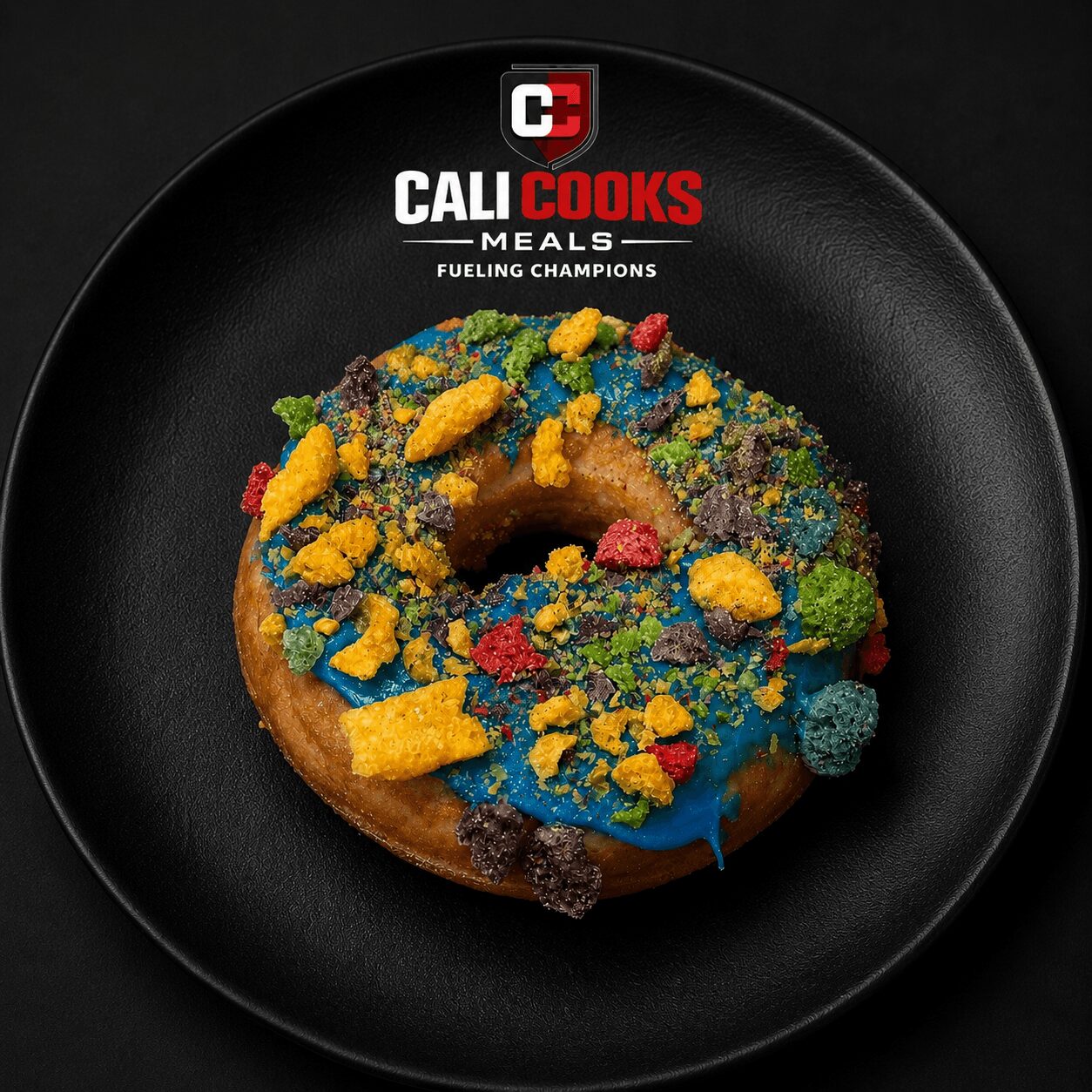 Colorful donut with blue icing and sprinkles on a black plate, with a logo and text above.