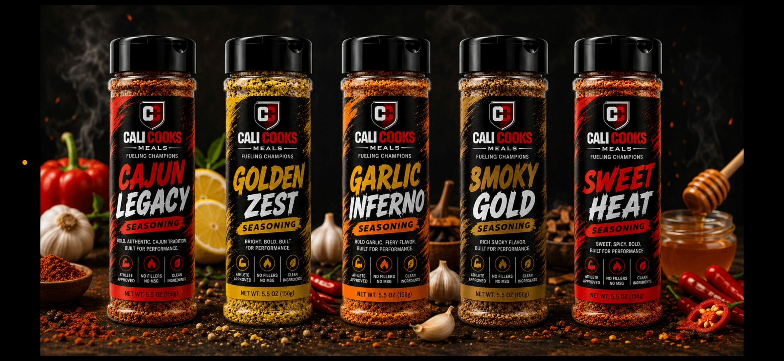 Five spice containers with different labels, surrounded by spices and honey, on a dark background.