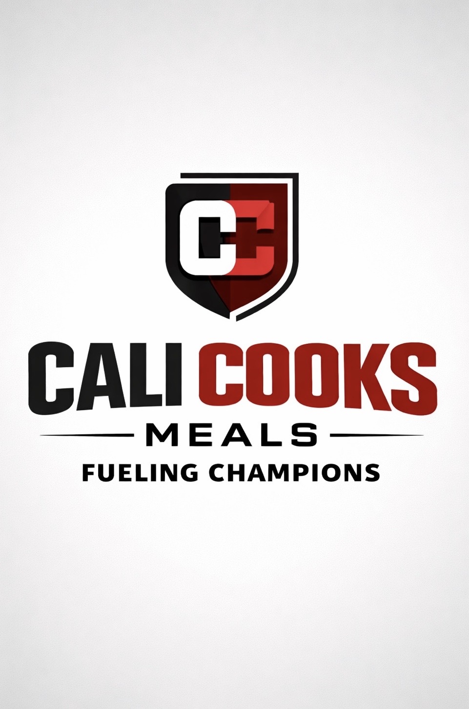 Cali Cooks Meals logo with shield, letter C, and slogan 'Fueling Champions'.