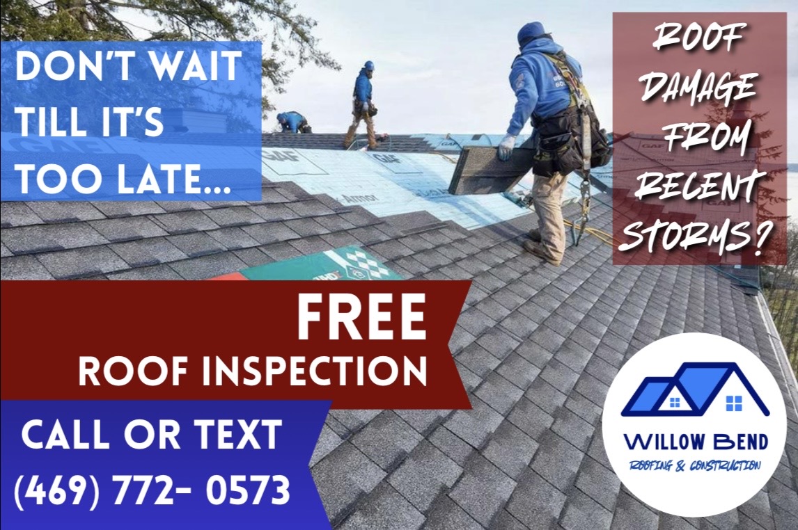 Roof workers inspecting shingles, promotional message for free roof inspection, Willow Bend logo, contact number, and storm damage concern.