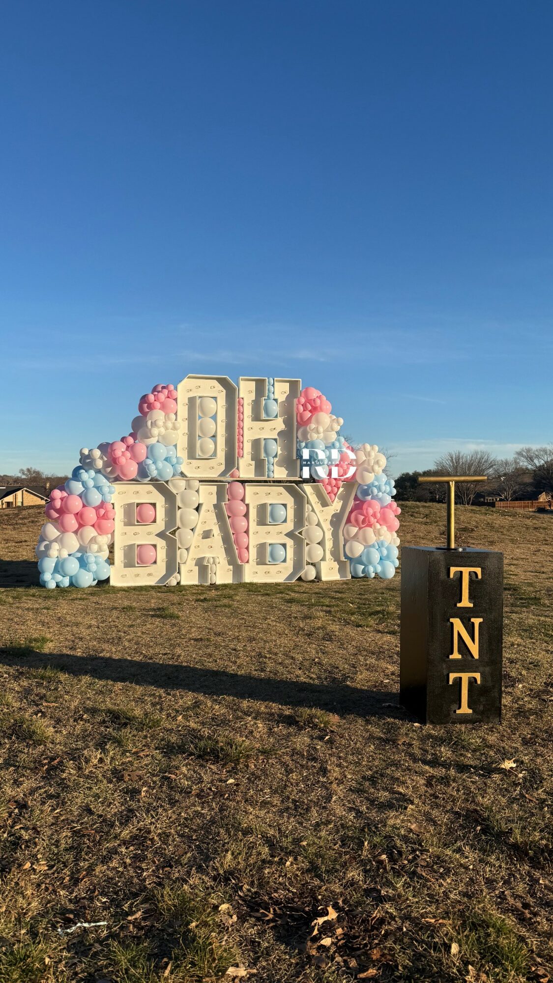 Large decorative blocks spelling 'BE BABY' with pink, white, and blue balloons, outdoors on grass, with a black sign reading 'TNT'.