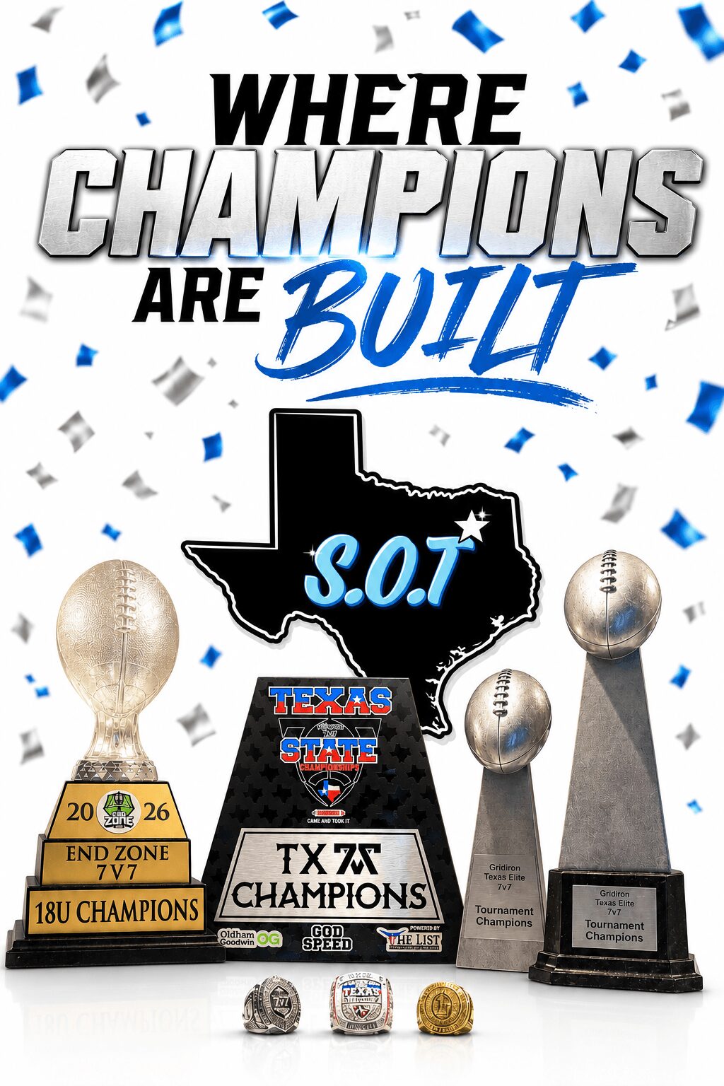 Text with trophies and a Texas-shaped award, celebrating champions and achievements, with blue and silver accents.