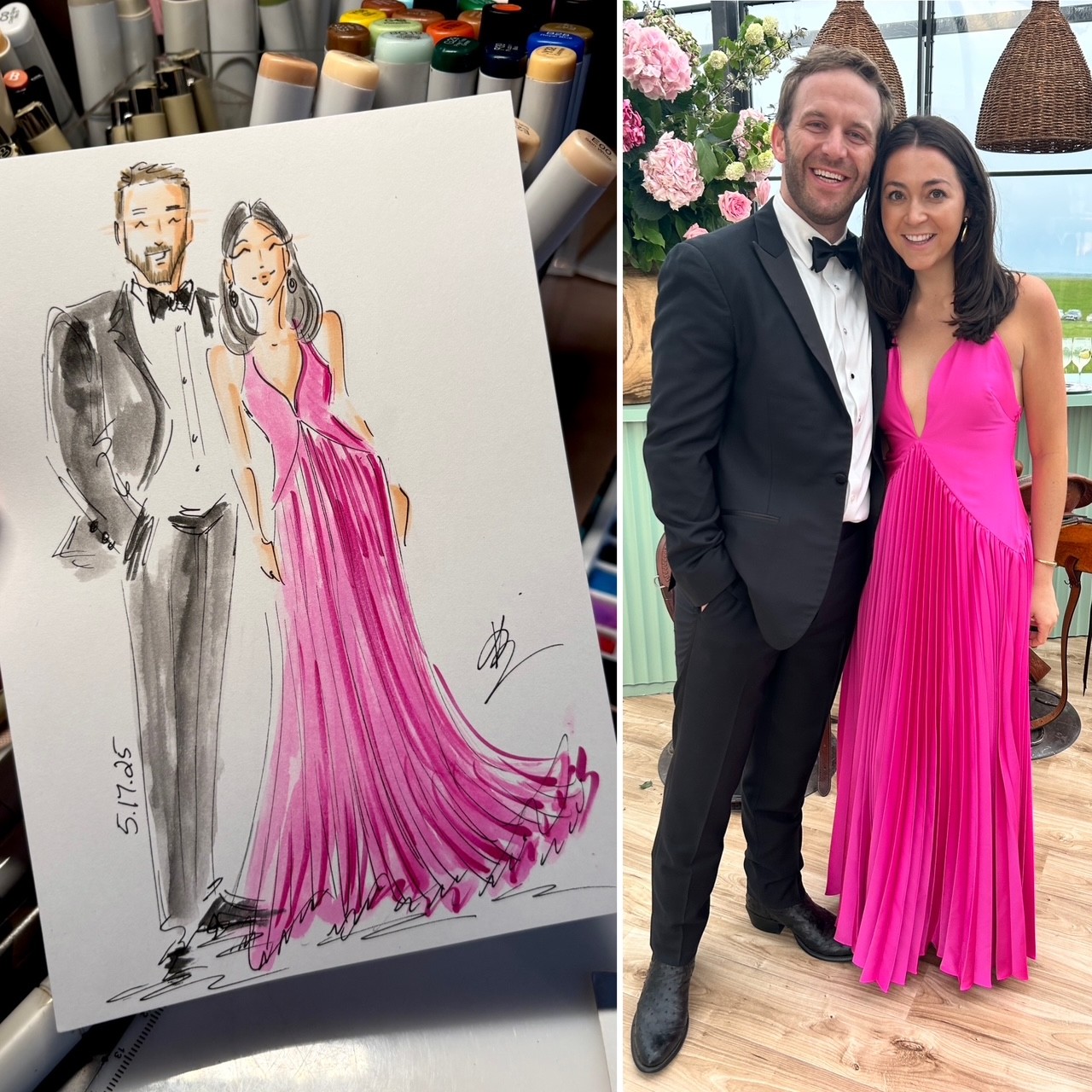 Hand-drawn illustration of a man in a suit and a woman in a pink dress, with the woman in a long pleated gown. 20 words.