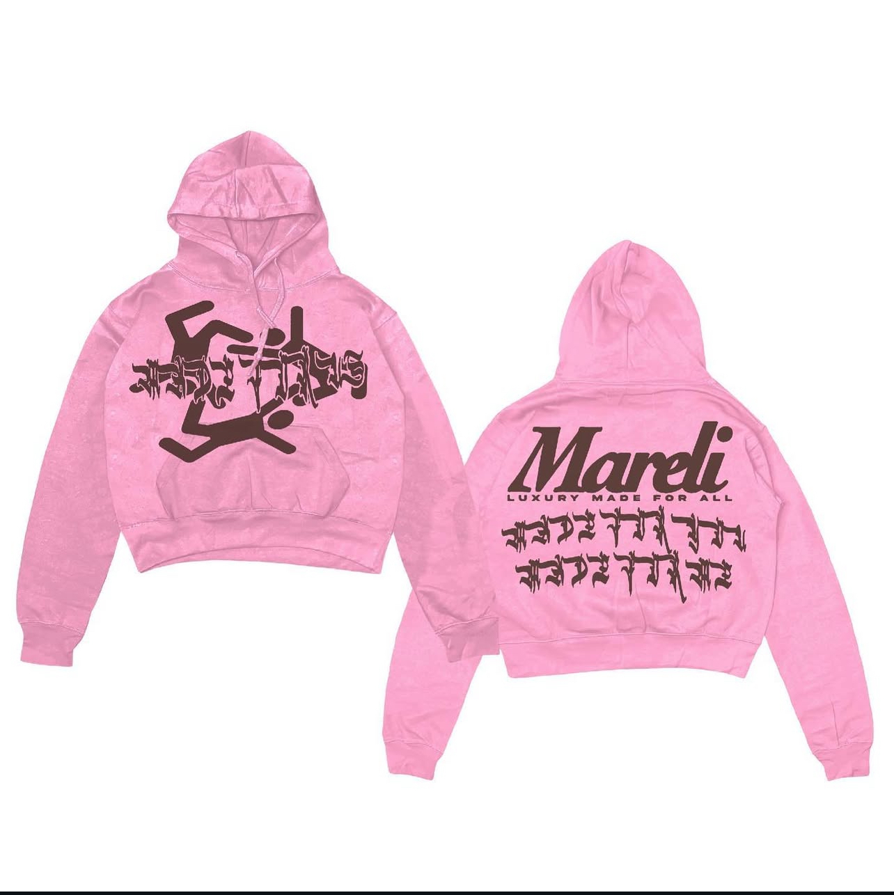 Pink hoodie with black graphic text and design on front and back, long sleeves, hood, and elastic cuffs.