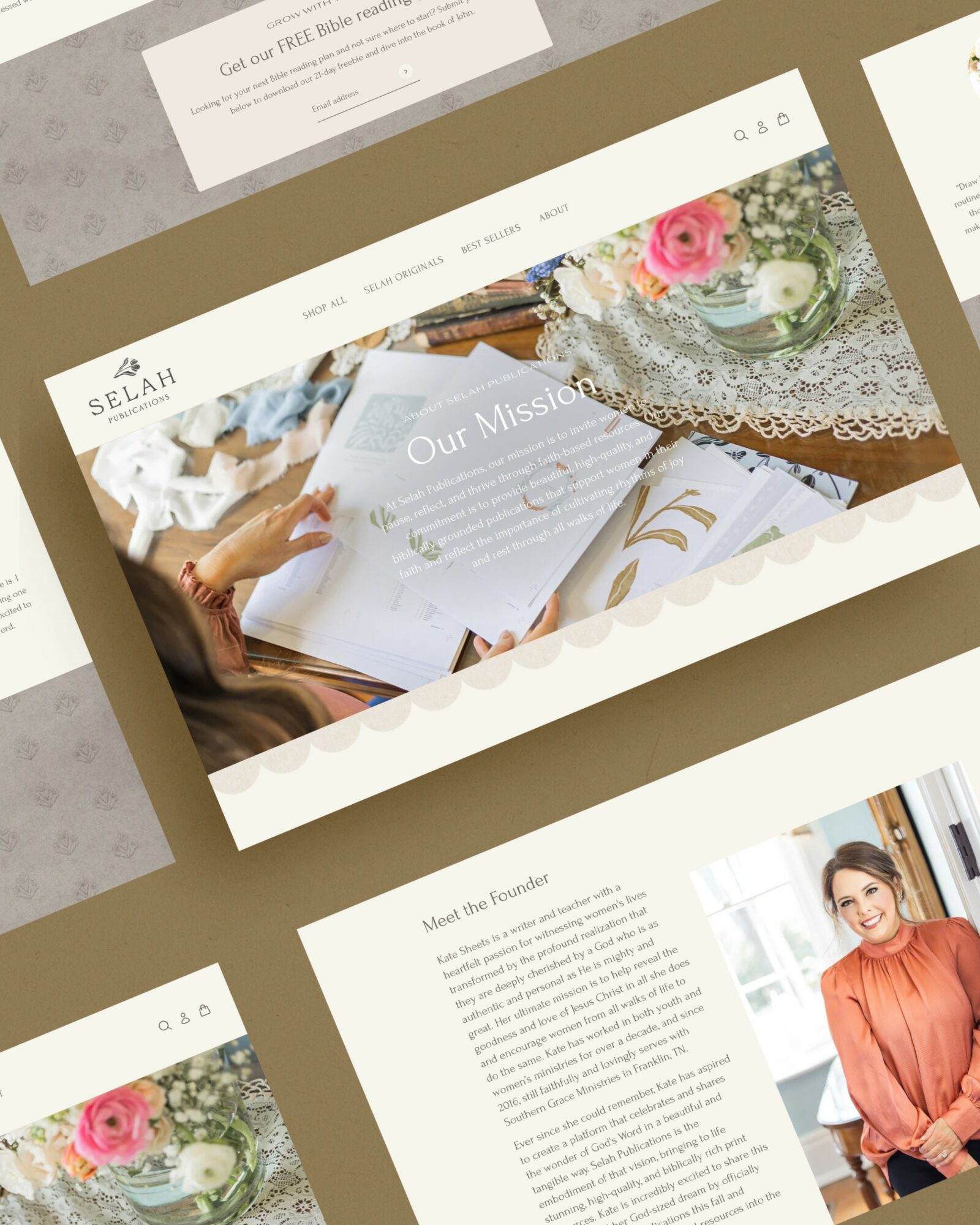 Website homepage featuring a woman reading a booklet, floral decorations, and elegant design elements.