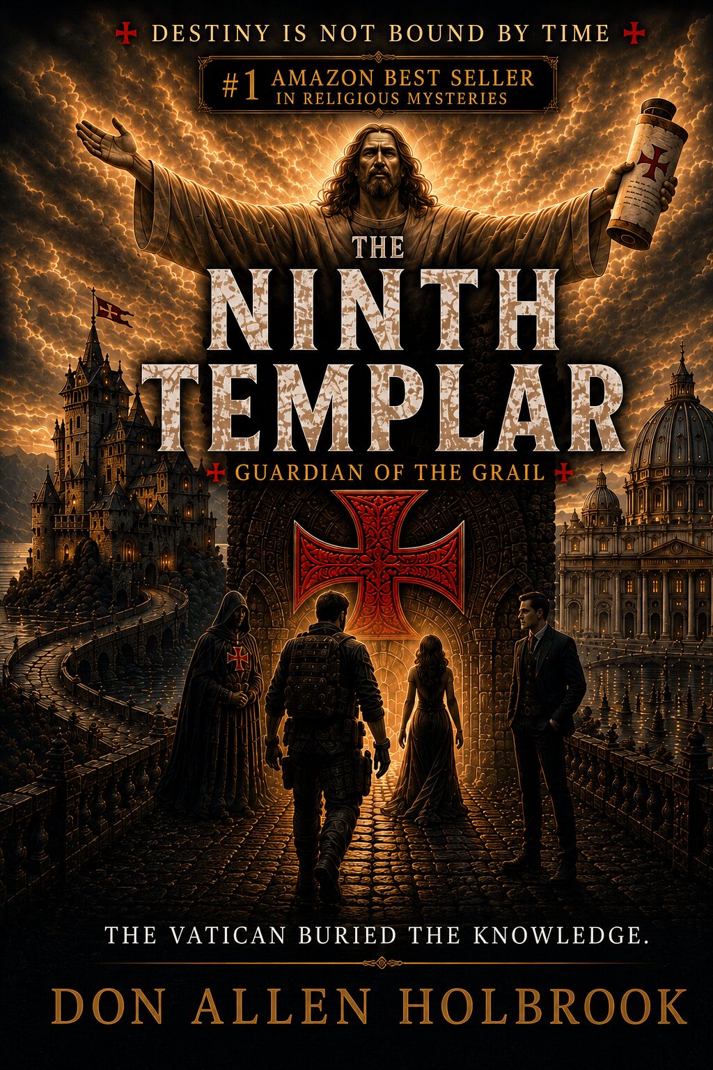 Book cover with three people walking toward a large cross, Vatican buildings in background, fiery sky, and a figure holding a scroll.