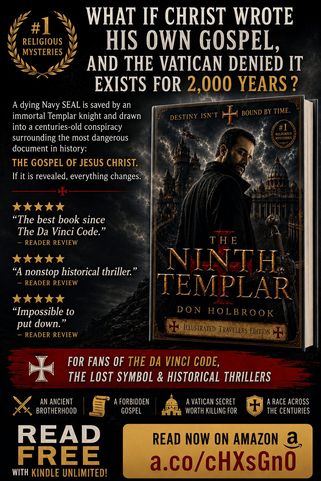 Book cover titled 'The Ninth Tempter' by Don Holbrook, featuring a dark background with a figure in a hooded cloak, and text about biblical themes.