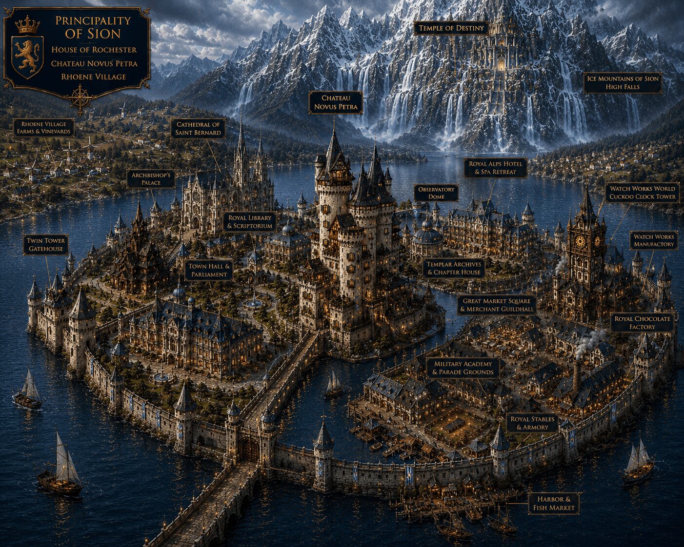 A detailed fantasy castle surrounded by water, with mountains in the background and labeled features throughout the scene.