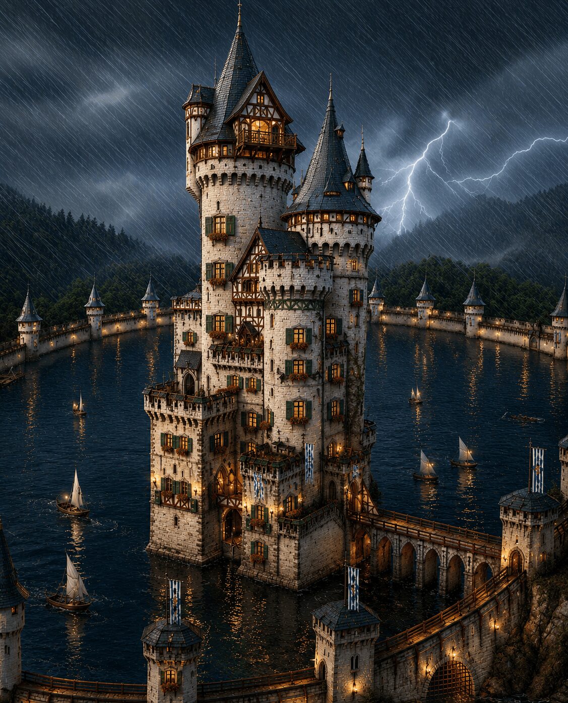 A castle surrounded by water with lightning in a stormy sky, multiple towers, and a bridge, viewed from the side.