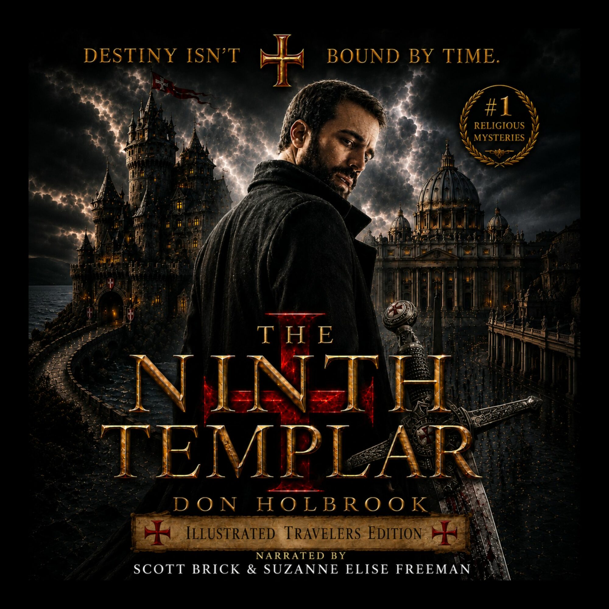 Book cover titled 'The Ninth Templar' with a man in dark clothing, dark clouds, and historic architecture in the background.